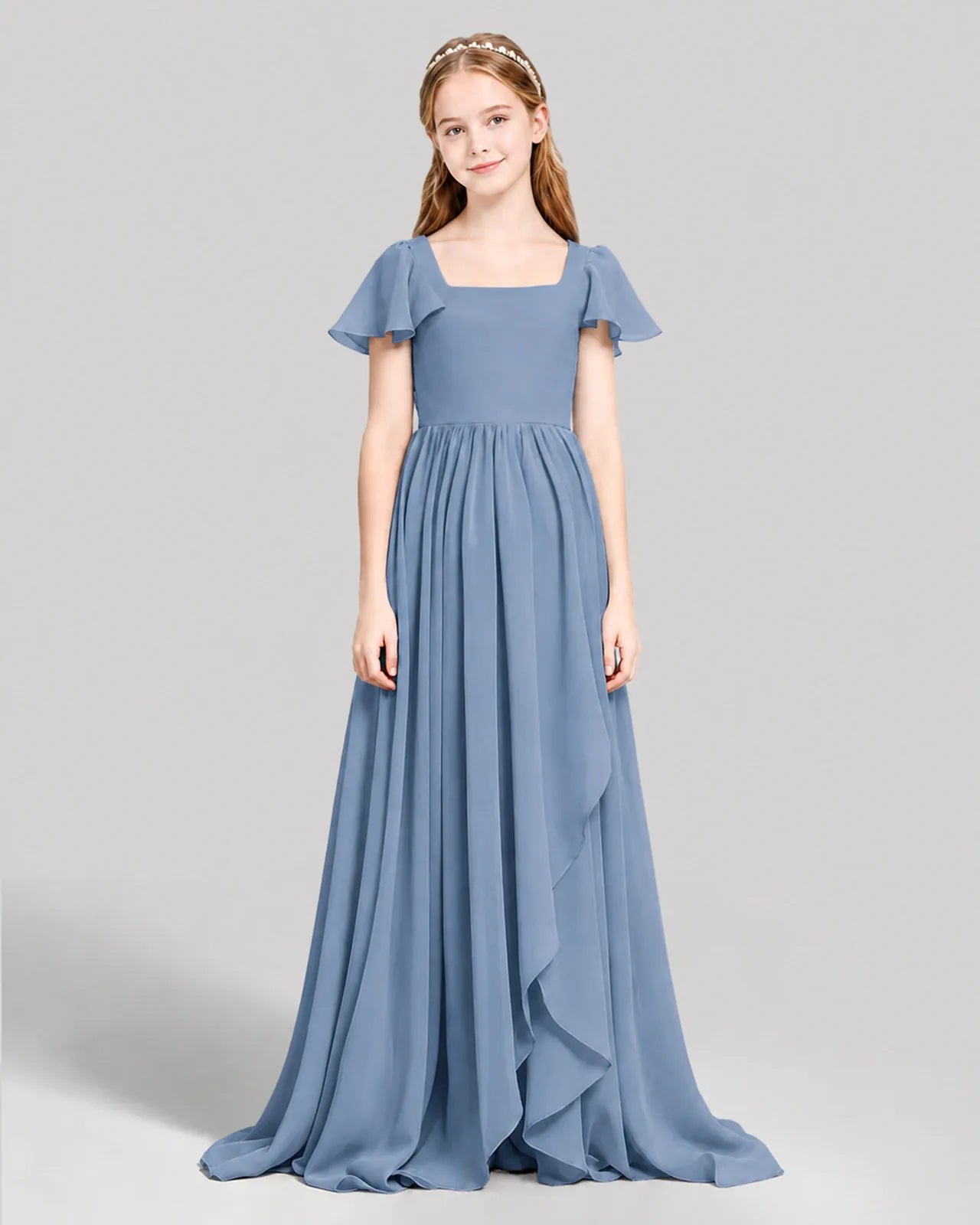 Dusty Blue Chiffon A-line Junior Bridesmaid Dress Front View