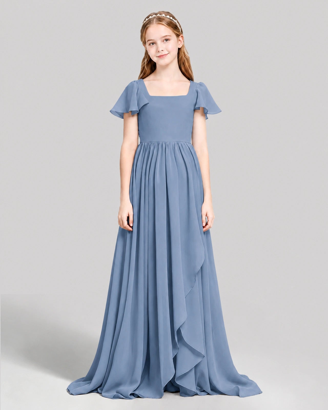 Dideyttawl Junior Bridesmaid Dress with Flutter Sleeves and Ruffle Split Chiffon Gown