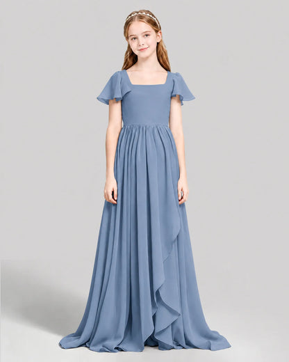 Dusty Blue Chiffon A-line Junior Bridesmaid Dress Front View