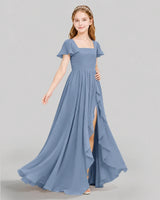 Dusty Blue Chiffon A-line Junior Bridesmaid Dress Side View