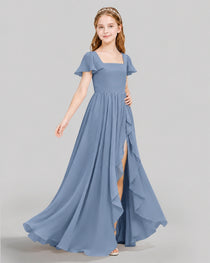 Dideyttawl Junior Bridesmaid Dress with Flutter Sleeves and Ruffle Split Chiffon Gown