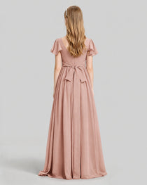 Dideyttawl Junior Bridesmaid Dress with Flutter Sleeves and Ruffle Split Chiffon Gown