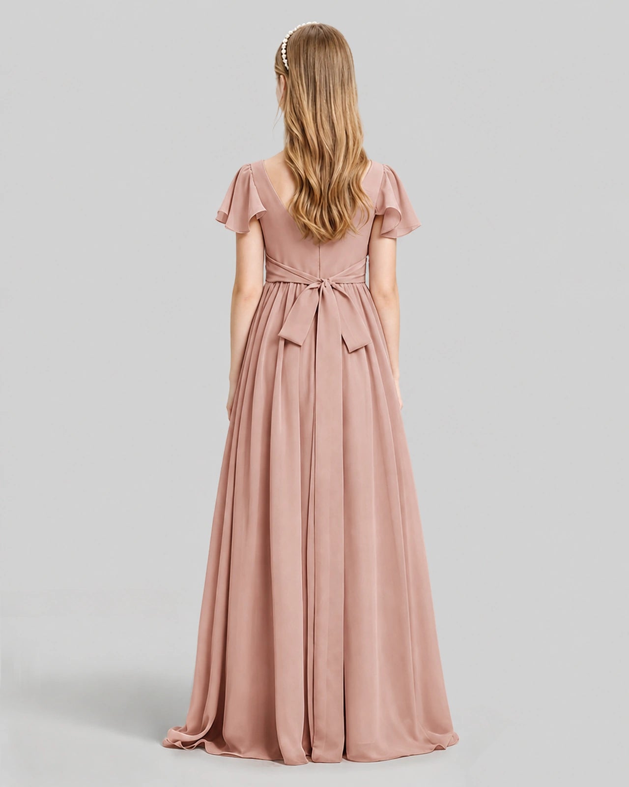 Dideyttawl Junior Bridesmaid Dress with Flutter Sleeves and Ruffle Split Chiffon Gown