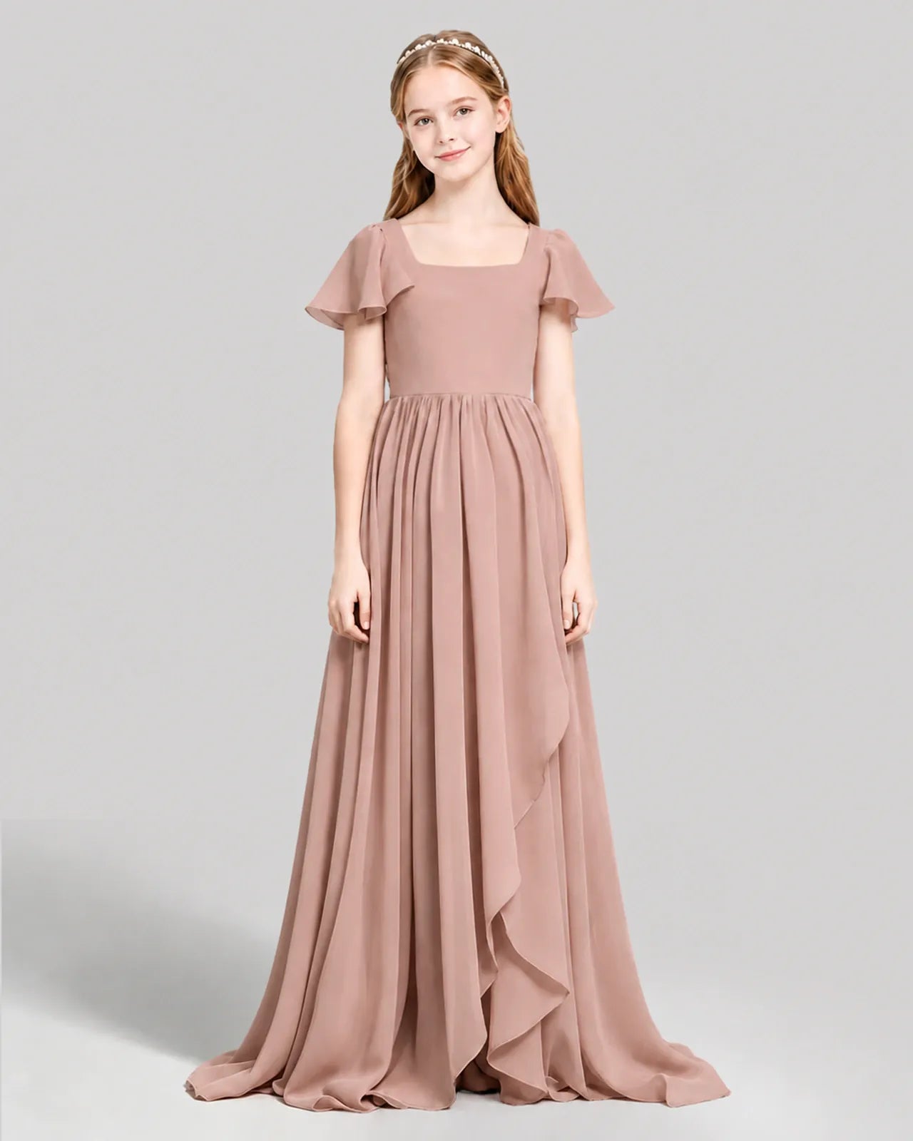 Dusty Rose Chiffon A-line Junior Bridesmaid Dress Front View