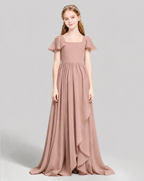 Dideyttawl Junior Bridesmaid Dress with Flutter Sleeves and Ruffle Split Chiffon Gown