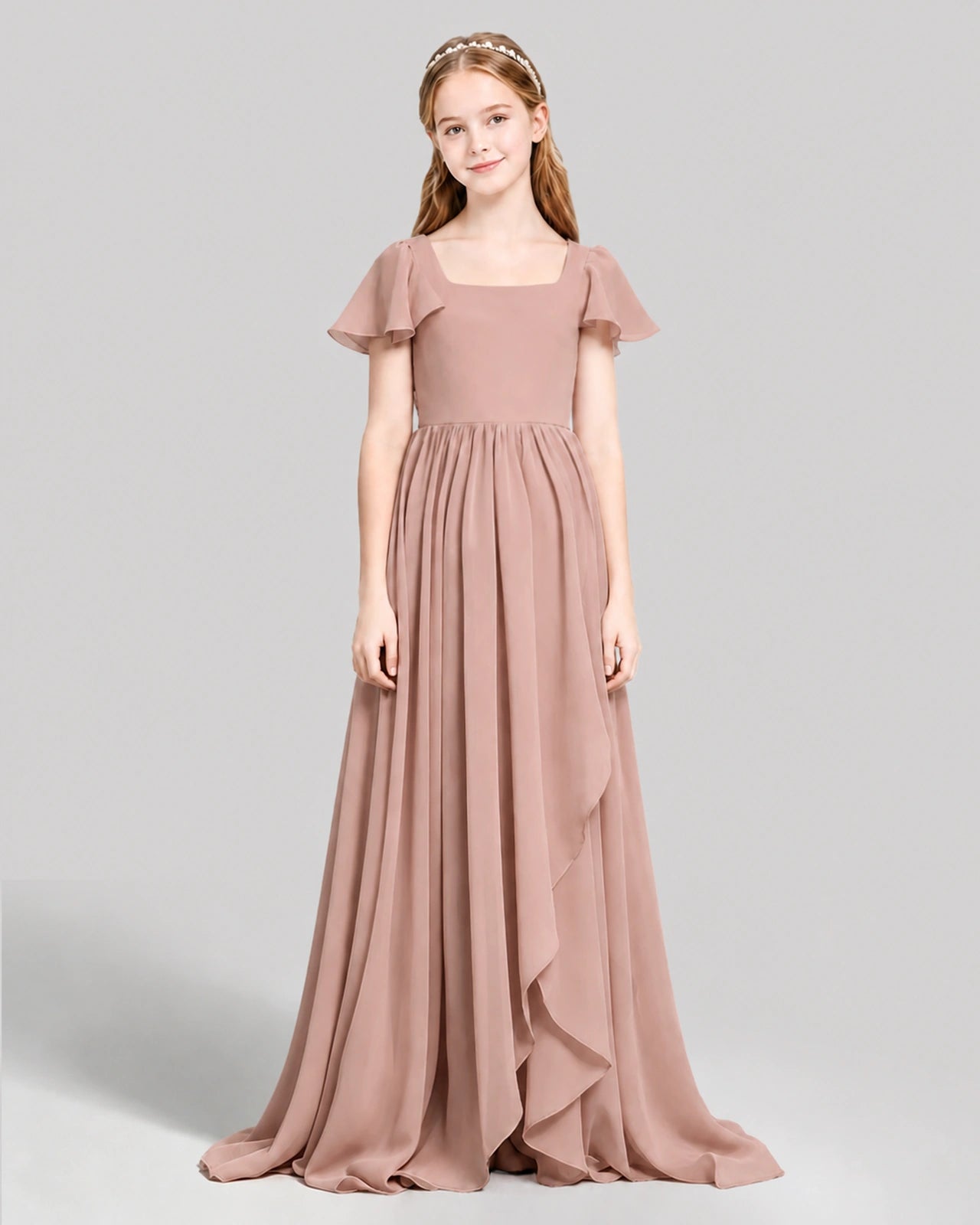 Dideyttawl Junior Bridesmaid Dress with Flutter Sleeves and Ruffle Split Chiffon Gown