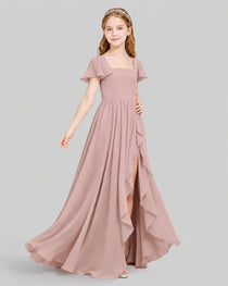 Dideyttawl Junior Bridesmaid Dress with Flutter Sleeves and Ruffle Split Chiffon Gown
