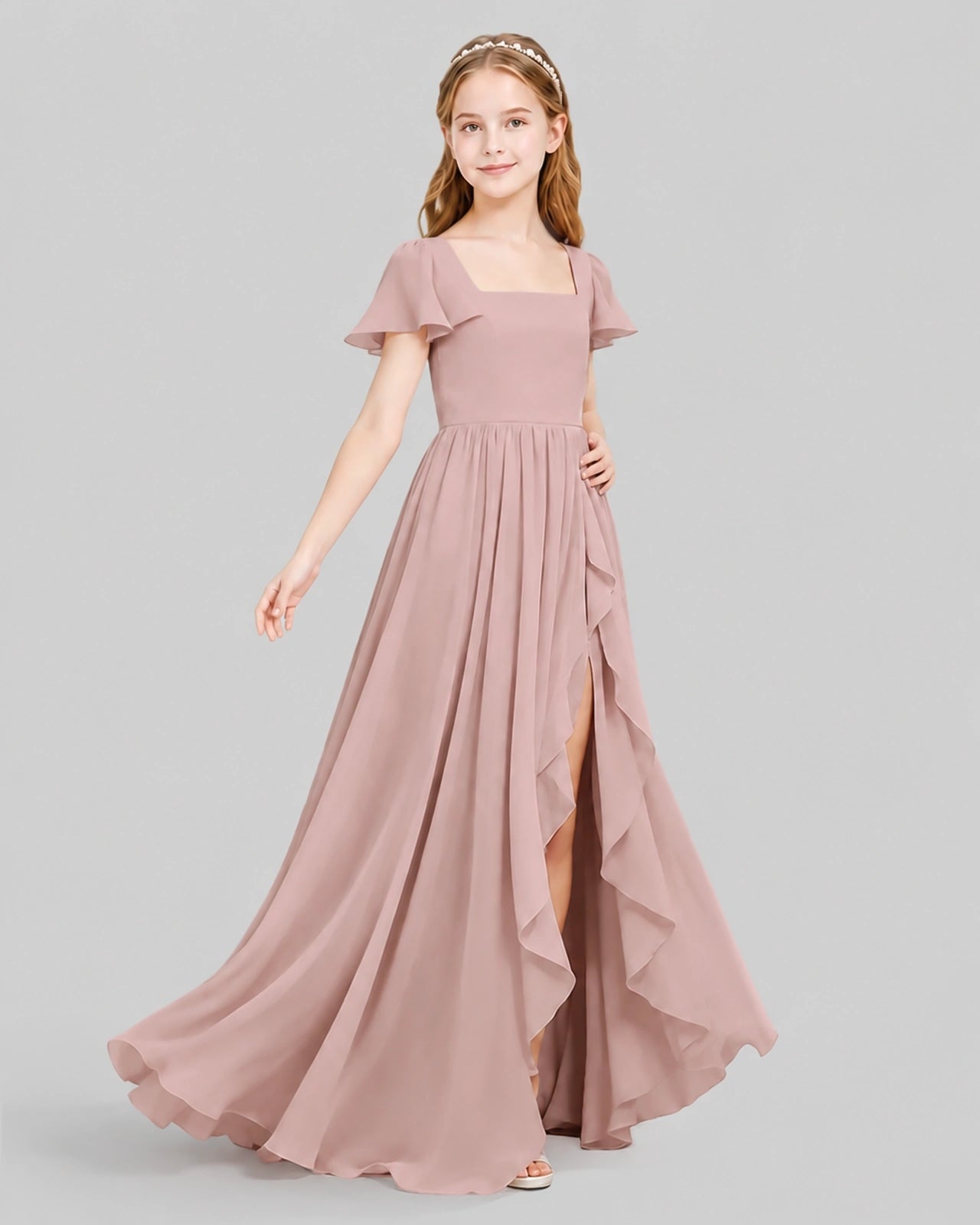 Dideyttawl Junior Bridesmaid Dress with Flutter Sleeves and Ruffle Split Chiffon Gown