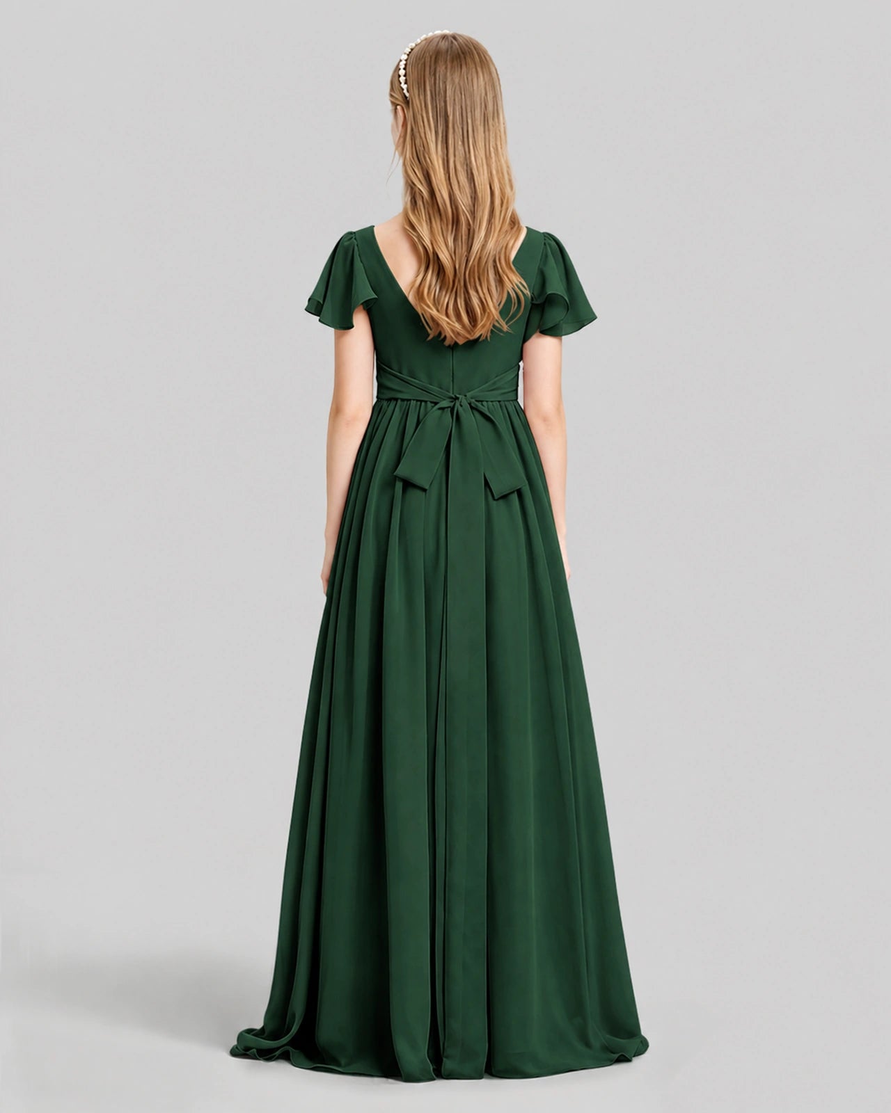 Dideyttawl Junior Bridesmaid Dress with Flutter Sleeves and Ruffle Split Chiffon Gown