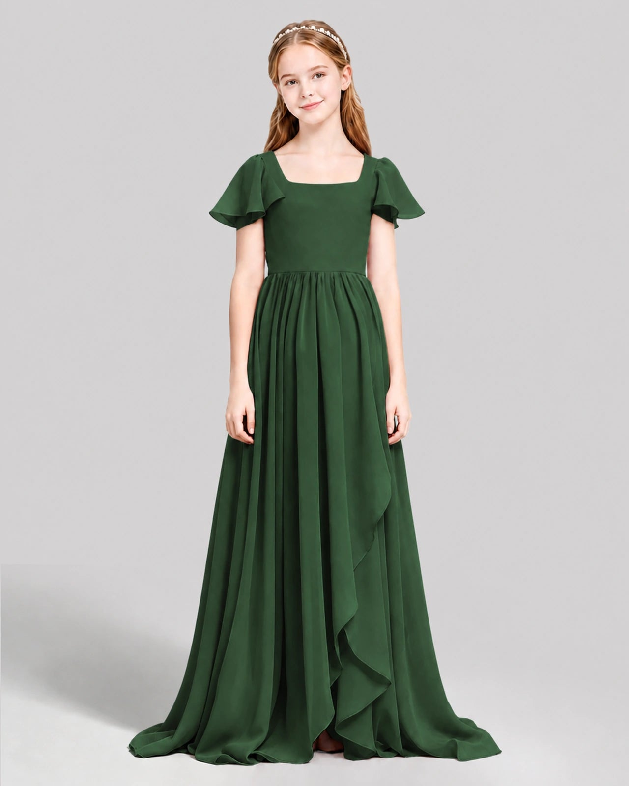Dideyttawl Junior Bridesmaid Dress with Flutter Sleeves and Ruffle Split Chiffon Gown