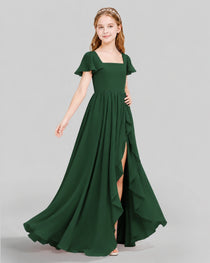 Dideyttawl Junior Bridesmaid Dress with Flutter Sleeves and Ruffle Split Chiffon Gown