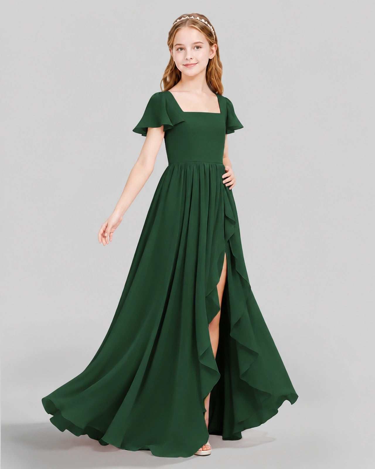 Dideyttawl Junior Bridesmaid Dress with Flutter Sleeves and Ruffle Split Chiffon Gown
