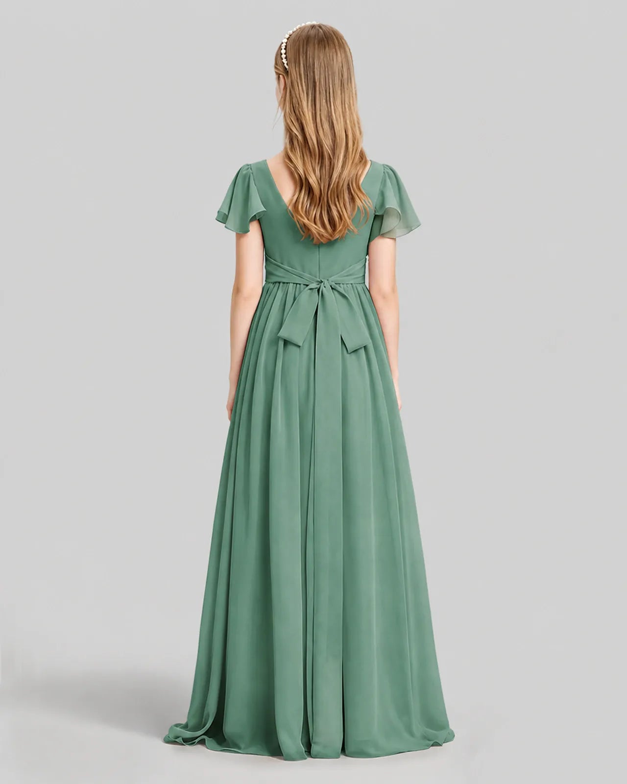 Eucalyptus Chiffon A-line Junior Bridesmaid Dress Back View