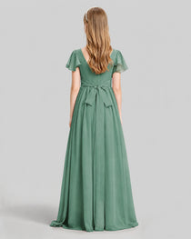 Dideyttawl Junior Bridesmaid Dress with Flutter Sleeves and Ruffle Split Chiffon Gown