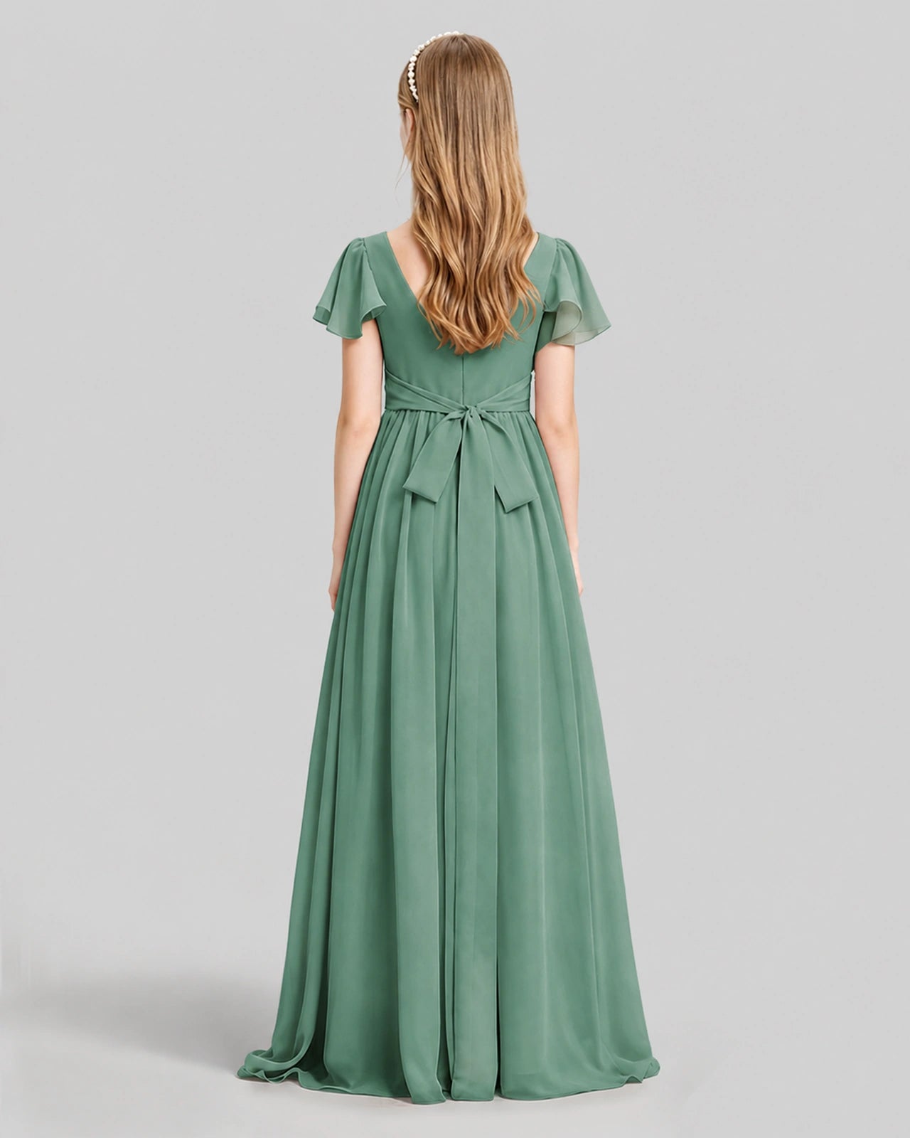 Dideyttawl Junior Bridesmaid Dress with Flutter Sleeves and Ruffle Split Chiffon Gown