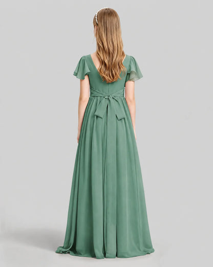 Eucalyptus Chiffon A-line Junior Bridesmaid Dress Back View