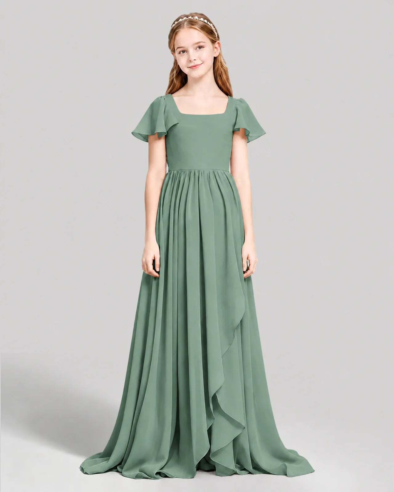 Eucalyptus Chiffon A-line Junior Bridesmaid Dress Front View