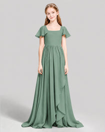 Dideyttawl Junior Bridesmaid Dress with Flutter Sleeves and Ruffle Split Chiffon Gown