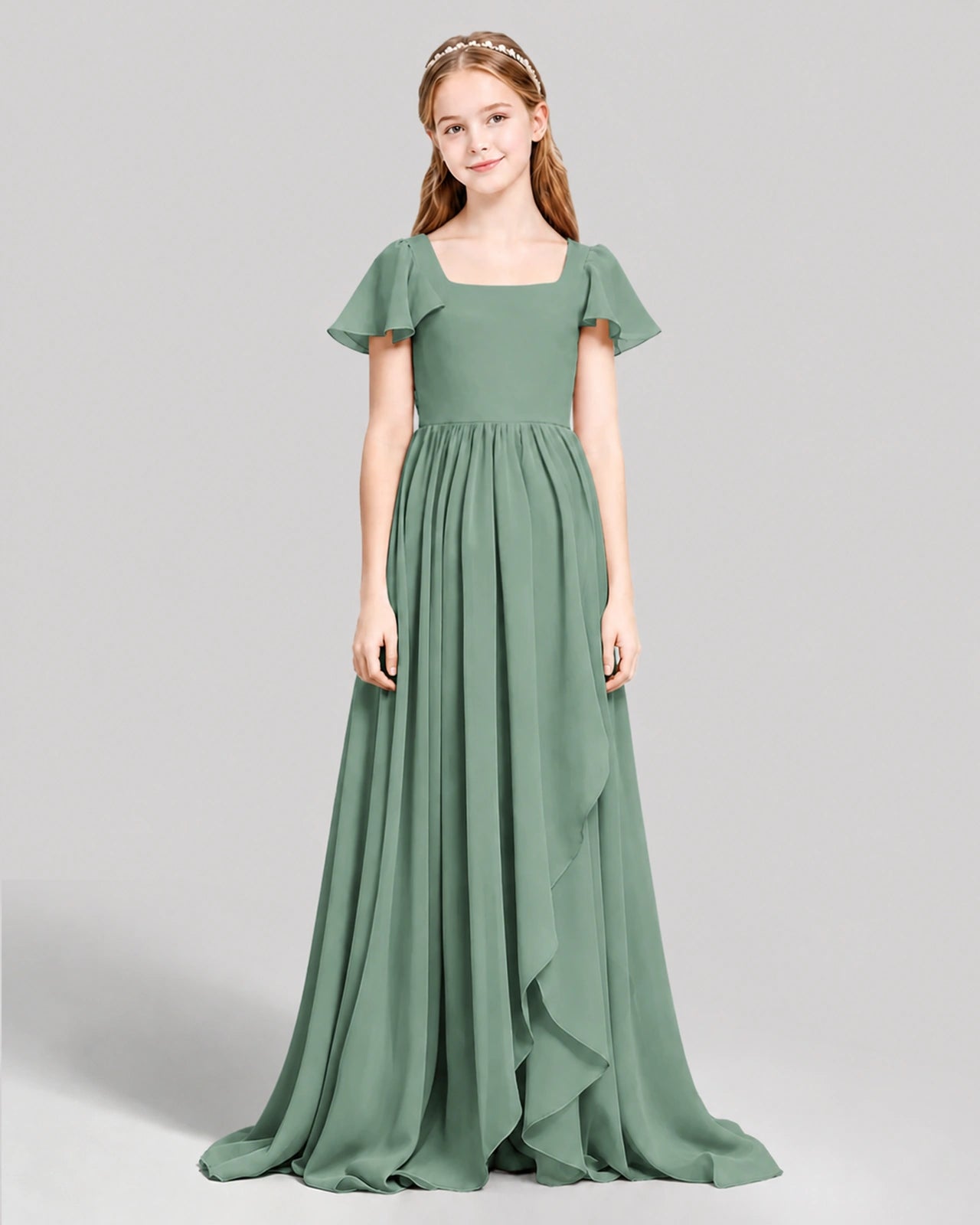 Dideyttawl Junior Bridesmaid Dress with Flutter Sleeves and Ruffle Split Chiffon Gown