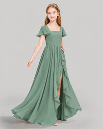 Dideyttawl Junior Bridesmaid Dress with Flutter Sleeves and Ruffle Split Chiffon Gown