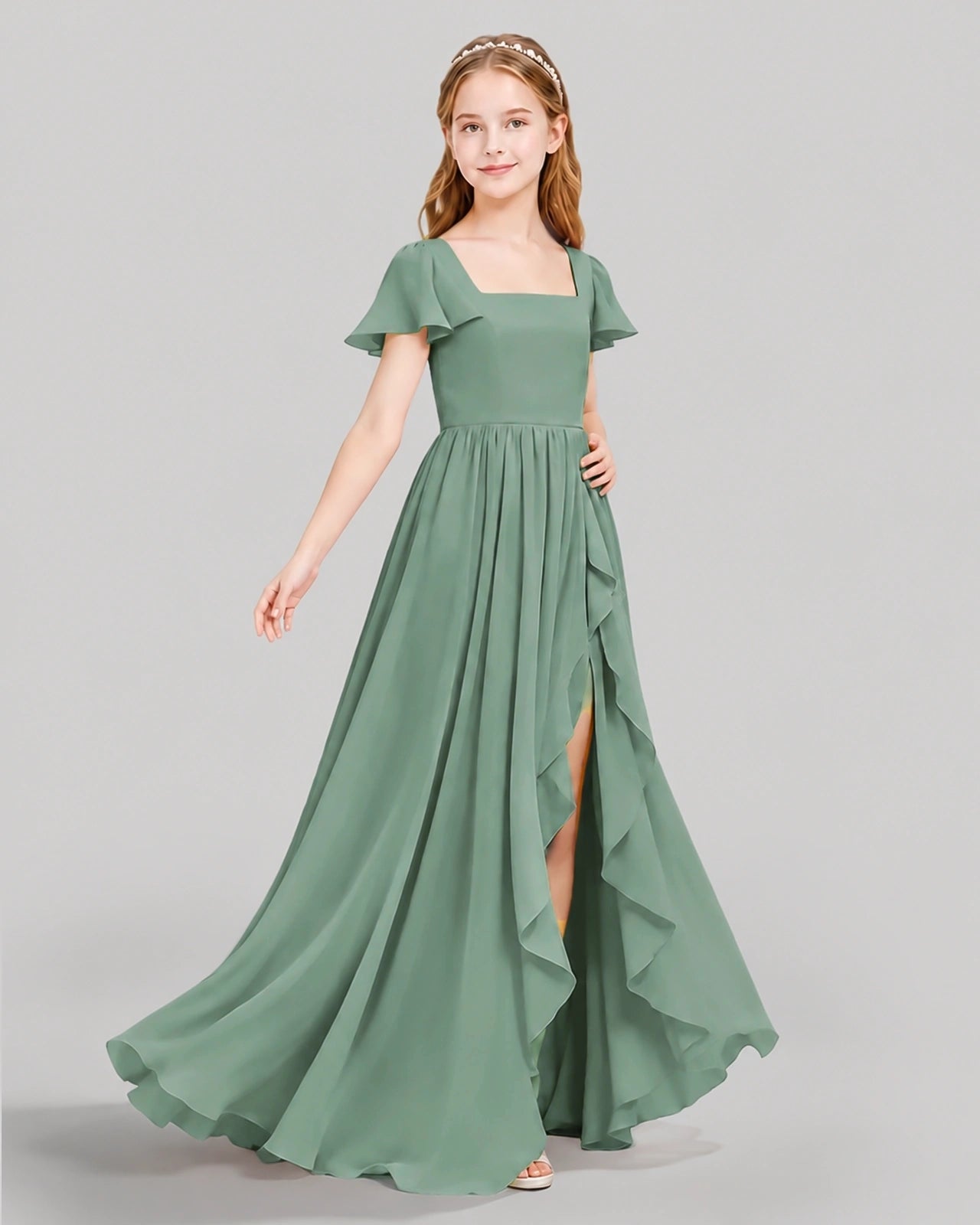 Dideyttawl Junior Bridesmaid Dress with Flutter Sleeves and Ruffle Split Chiffon Gown