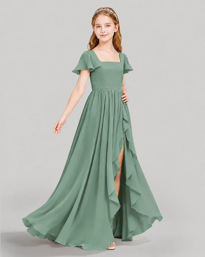 Eucalyptus Chiffon A-line Junior Bridesmaid Dress Side View
