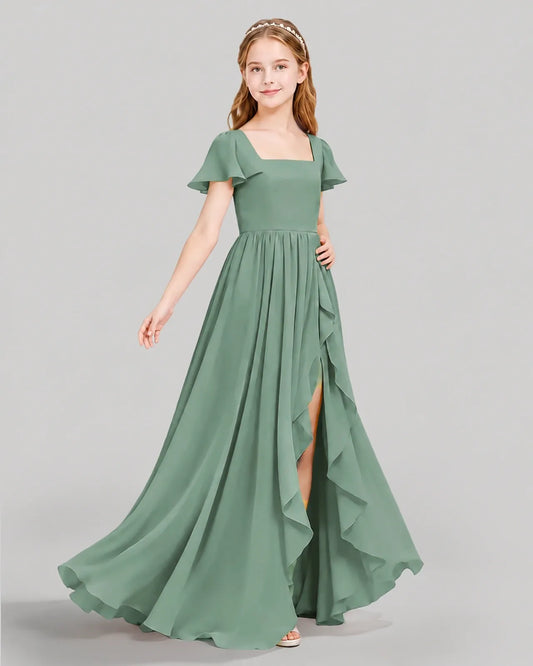 Eucalyptus Chiffon A-line Junior Bridesmaid Dress Side View