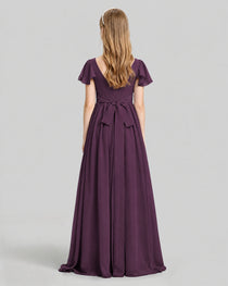 Dideyttawl Junior Bridesmaid Dress with Flutter Sleeves and Ruffle Split Chiffon Gown