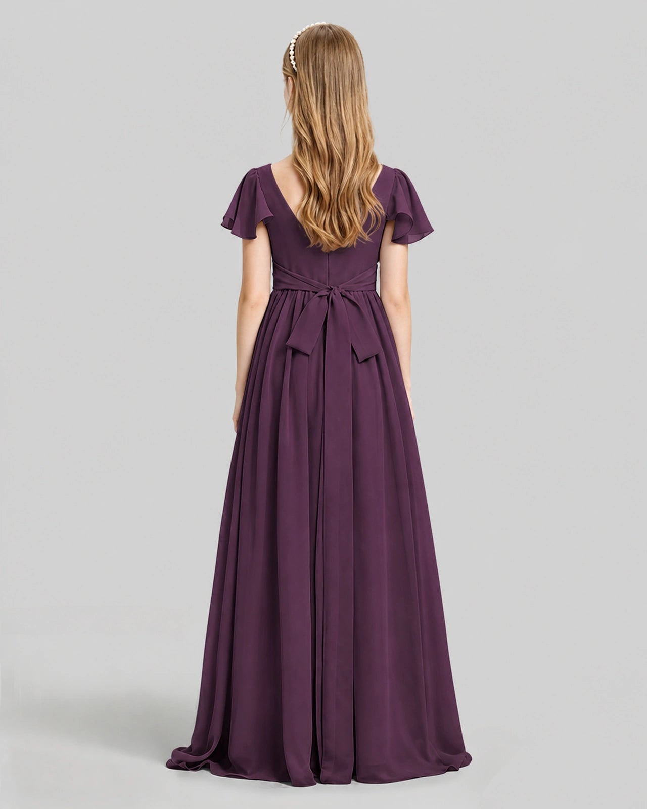 Dideyttawl Junior Bridesmaid Dress with Flutter Sleeves and Ruffle Split Chiffon Gown