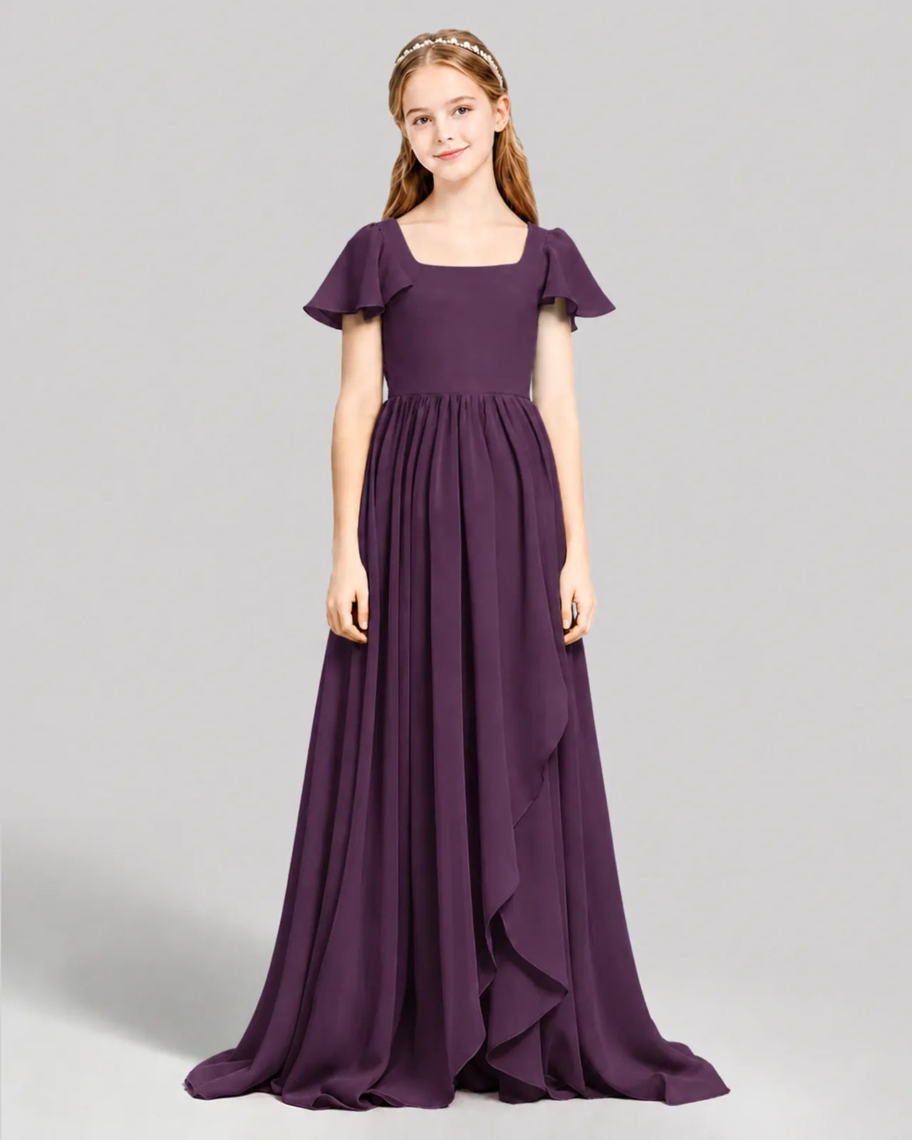 Grape Chiffon A-line Junior Bridesmaid Dress Front View