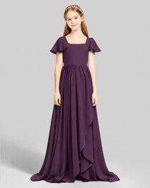 Dideyttawl Junior Bridesmaid Dress with Flutter Sleeves and Ruffle Split Chiffon Gown