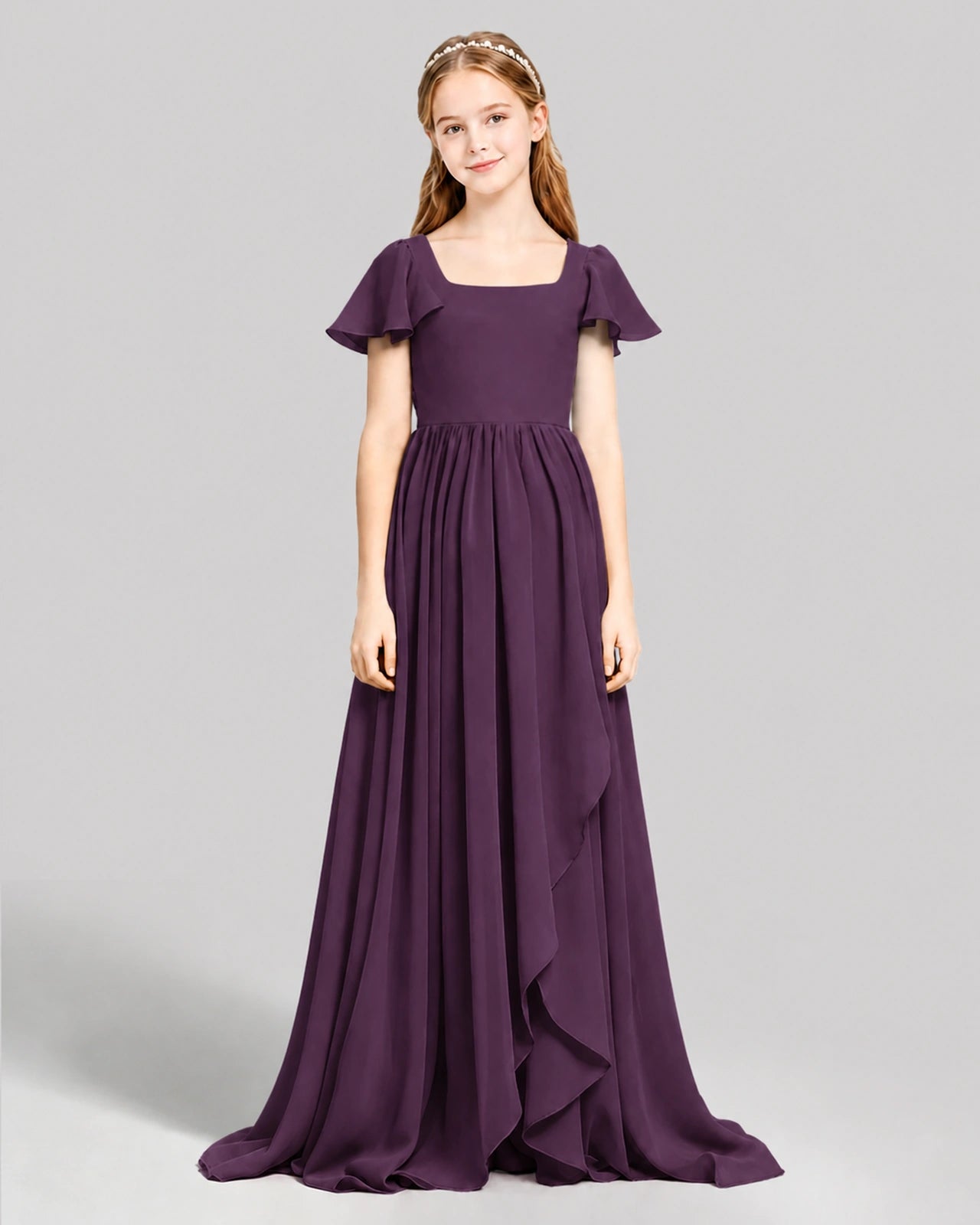 Dideyttawl Junior Bridesmaid Dress with Flutter Sleeves and Ruffle Split Chiffon Gown