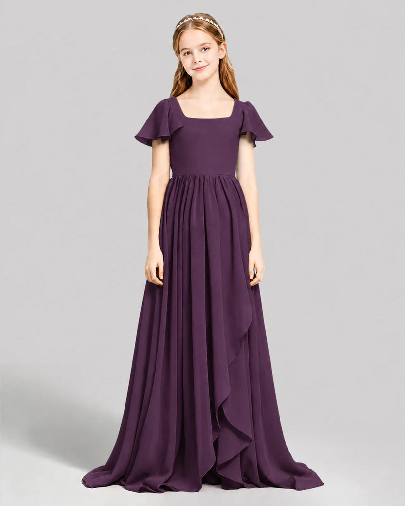 Grape Chiffon A-line Junior Bridesmaid Dress Front View