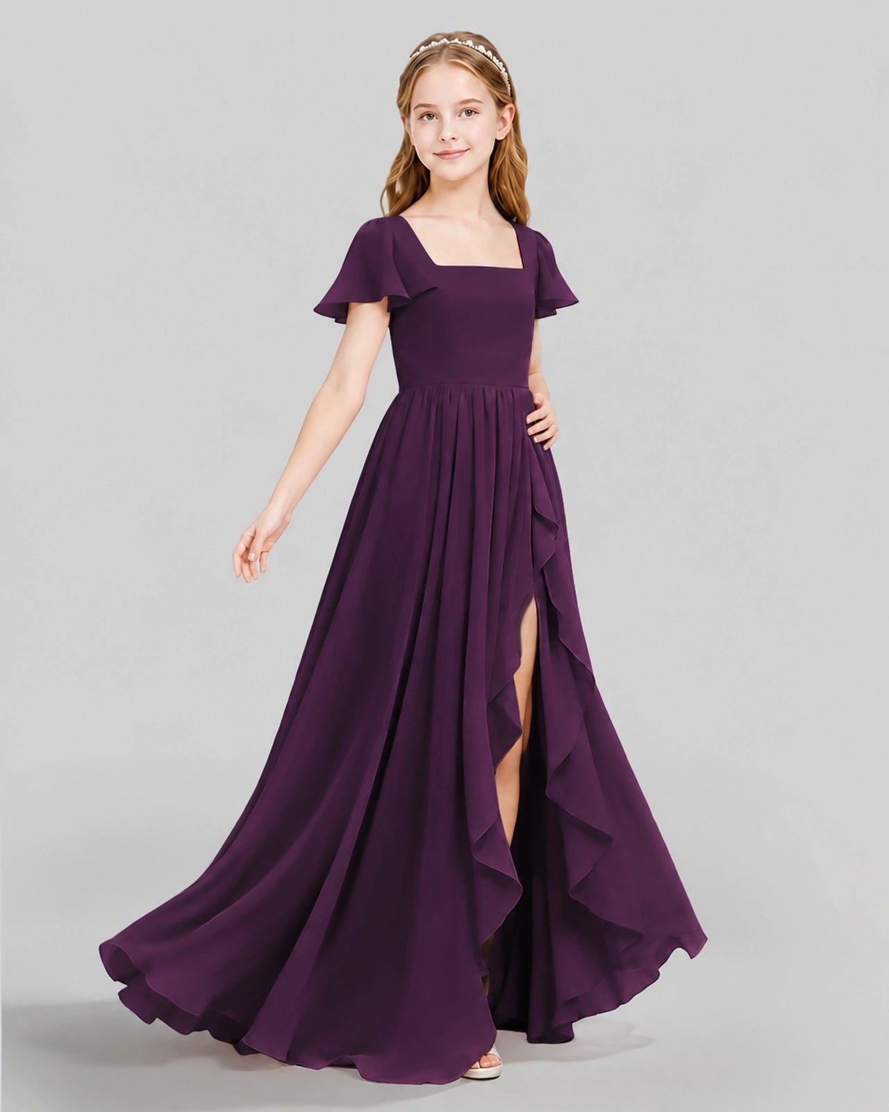 Dideyttawl Junior Bridesmaid Dress with Flutter Sleeves and Ruffle Split Chiffon Gown