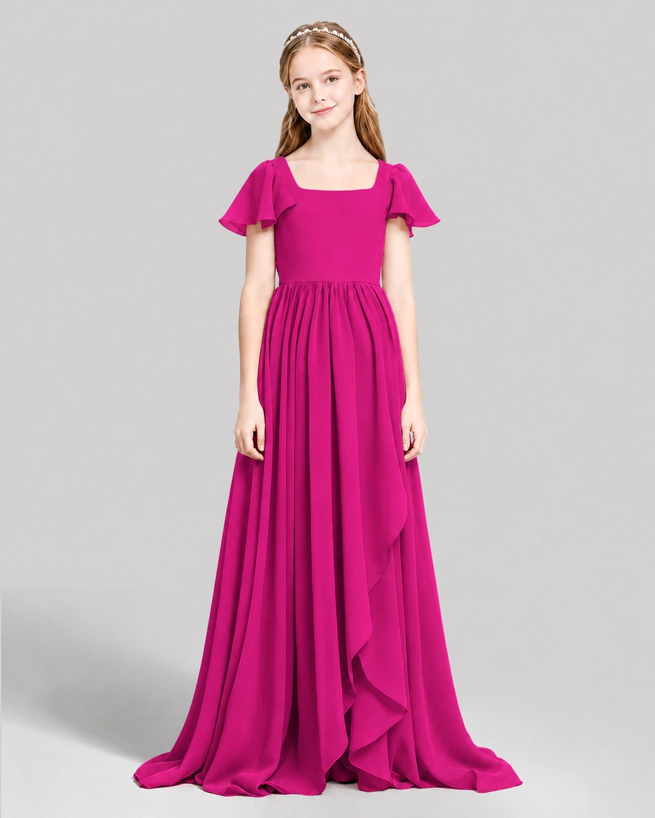 Dideyttawl Junior Bridesmaid Dress with Flutter Sleeves and Ruffle Split Chiffon Gown