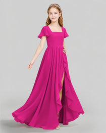 Dideyttawl Junior Bridesmaid Dress with Flutter Sleeves and Ruffle Split Chiffon Gown