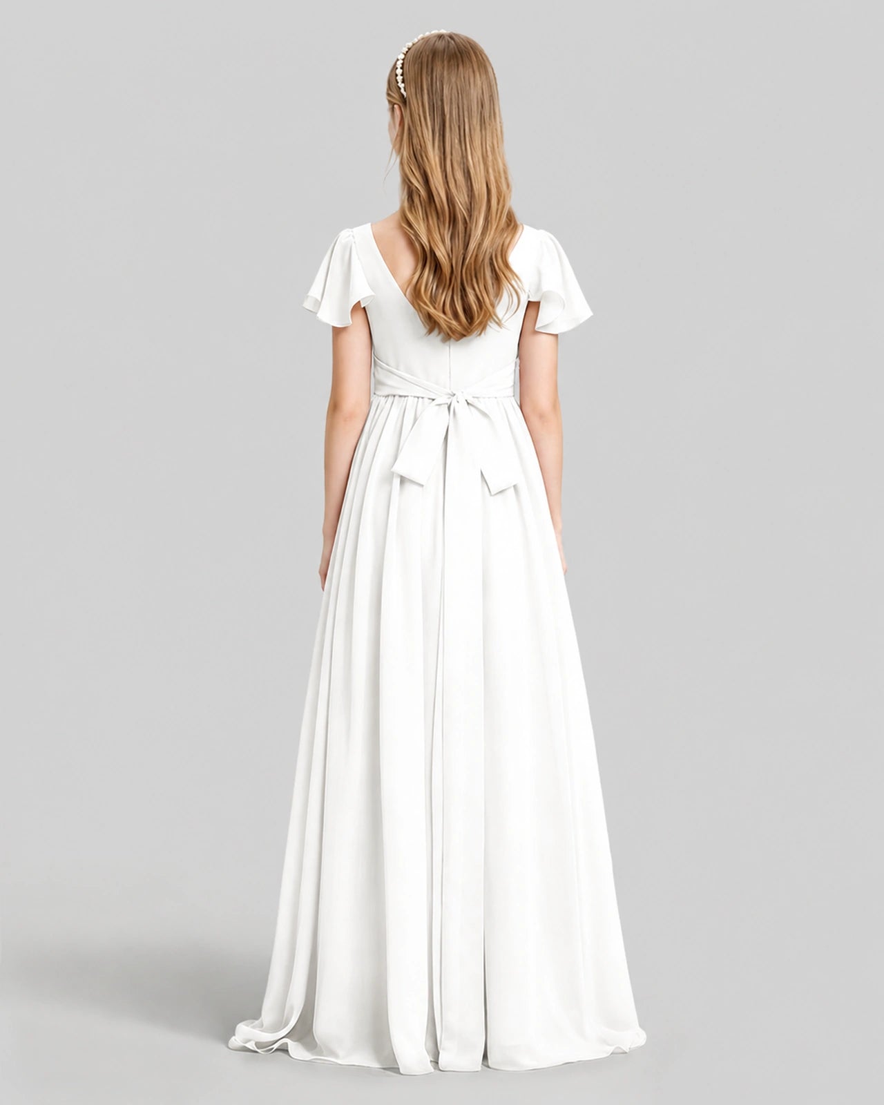 Dideyttawl Junior Bridesmaid Dress with Flutter Sleeves and Ruffle Split Chiffon Gown