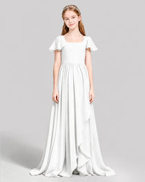 Dideyttawl Junior Bridesmaid Dress with Flutter Sleeves and Ruffle Split Chiffon Gown