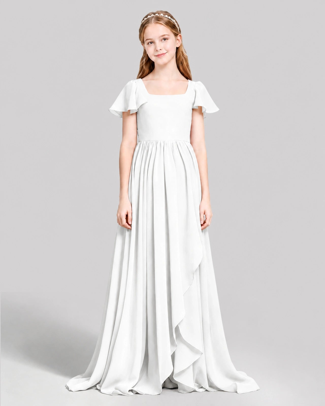 Dideyttawl Junior Bridesmaid Dress with Flutter Sleeves and Ruffle Split Chiffon Gown