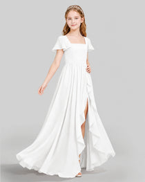 Dideyttawl Junior Bridesmaid Dress with Flutter Sleeves and Ruffle Split Chiffon Gown