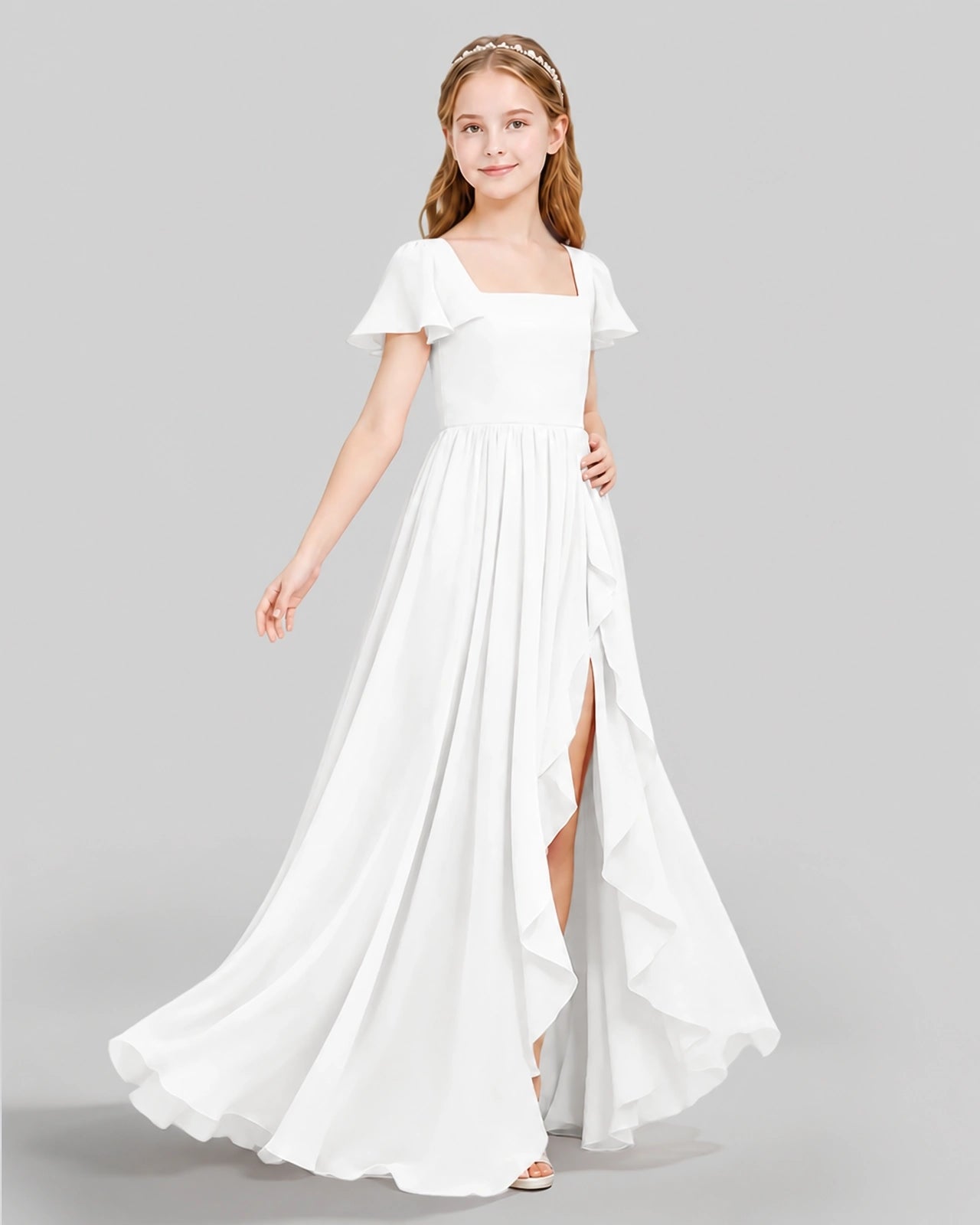 Dideyttawl Junior Bridesmaid Dress with Flutter Sleeves and Ruffle Split Chiffon Gown