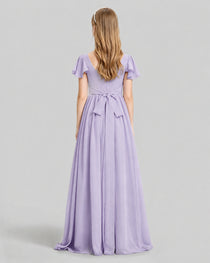 Dideyttawl Junior Bridesmaid Dress with Flutter Sleeves and Ruffle Split Chiffon Gown
