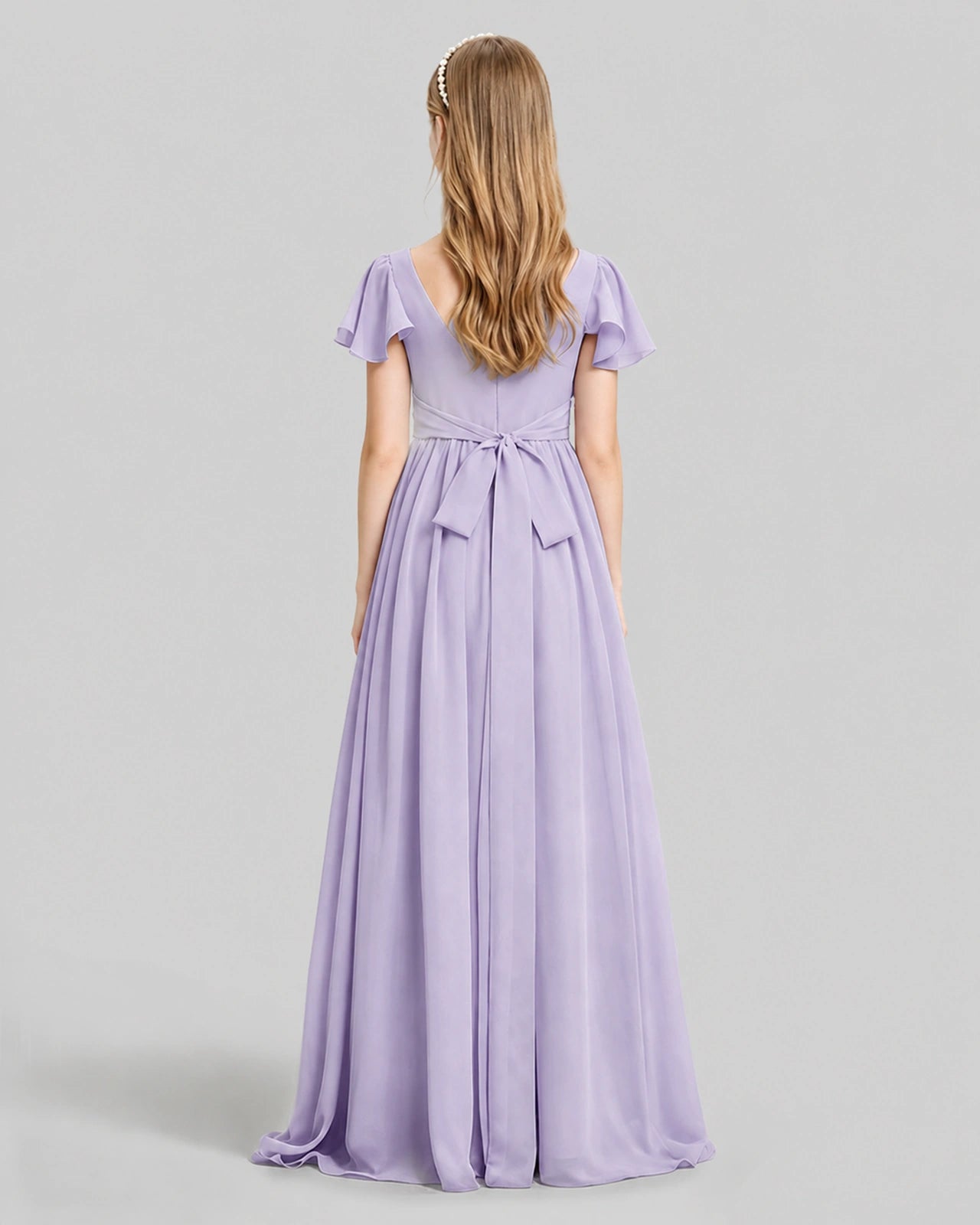Dideyttawl Junior Bridesmaid Dress with Flutter Sleeves and Ruffle Split Chiffon Gown