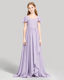 Dideyttawl Junior Bridesmaid Dress with Flutter Sleeves and Ruffle Split Chiffon Gown