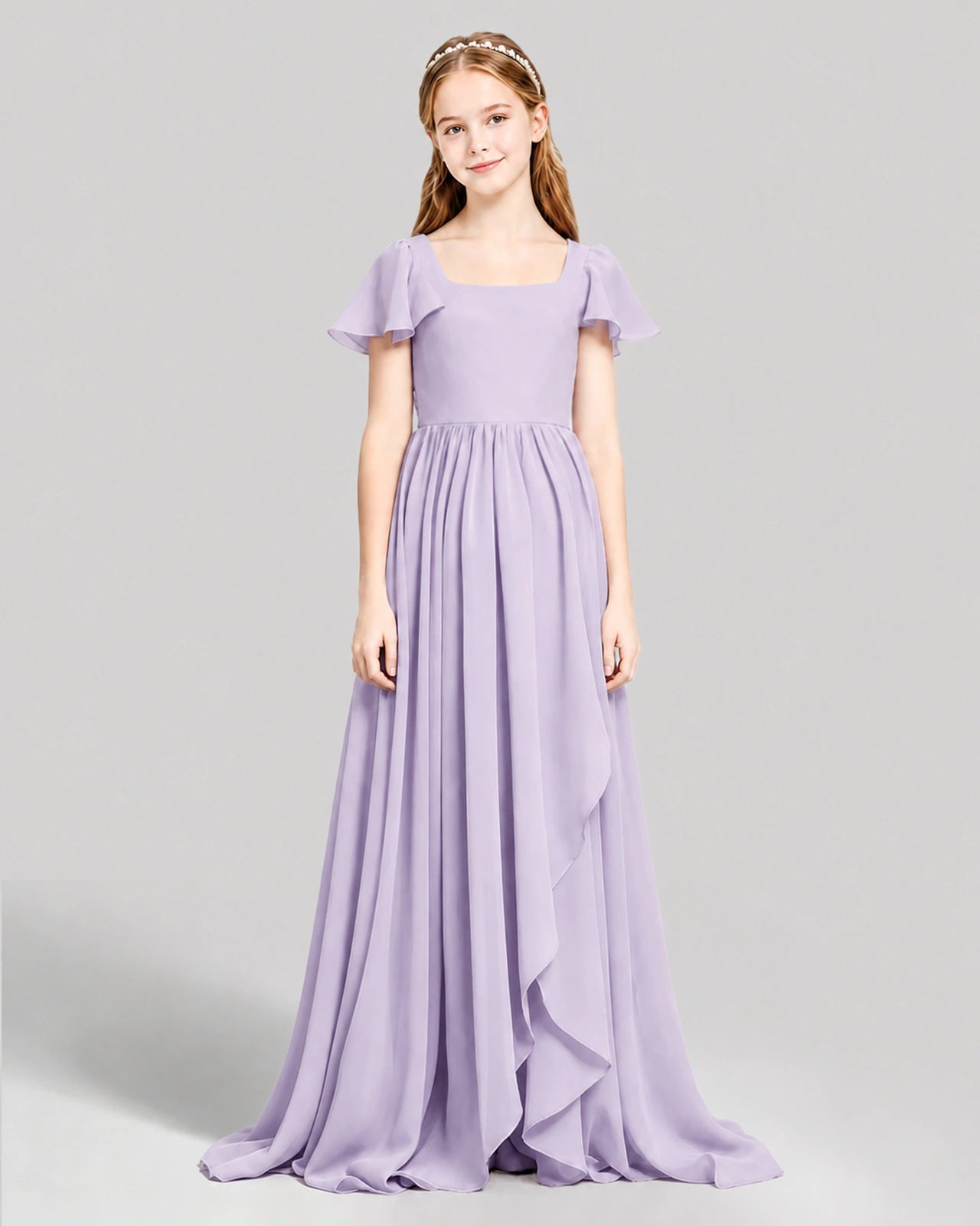Dideyttawl Junior Bridesmaid Dress with Flutter Sleeves and Ruffle Split Chiffon Gown