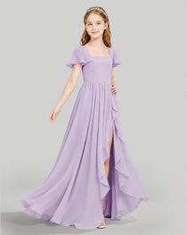 Dideyttawl Junior Bridesmaid Dress with Flutter Sleeves and Ruffle Split Chiffon Gown