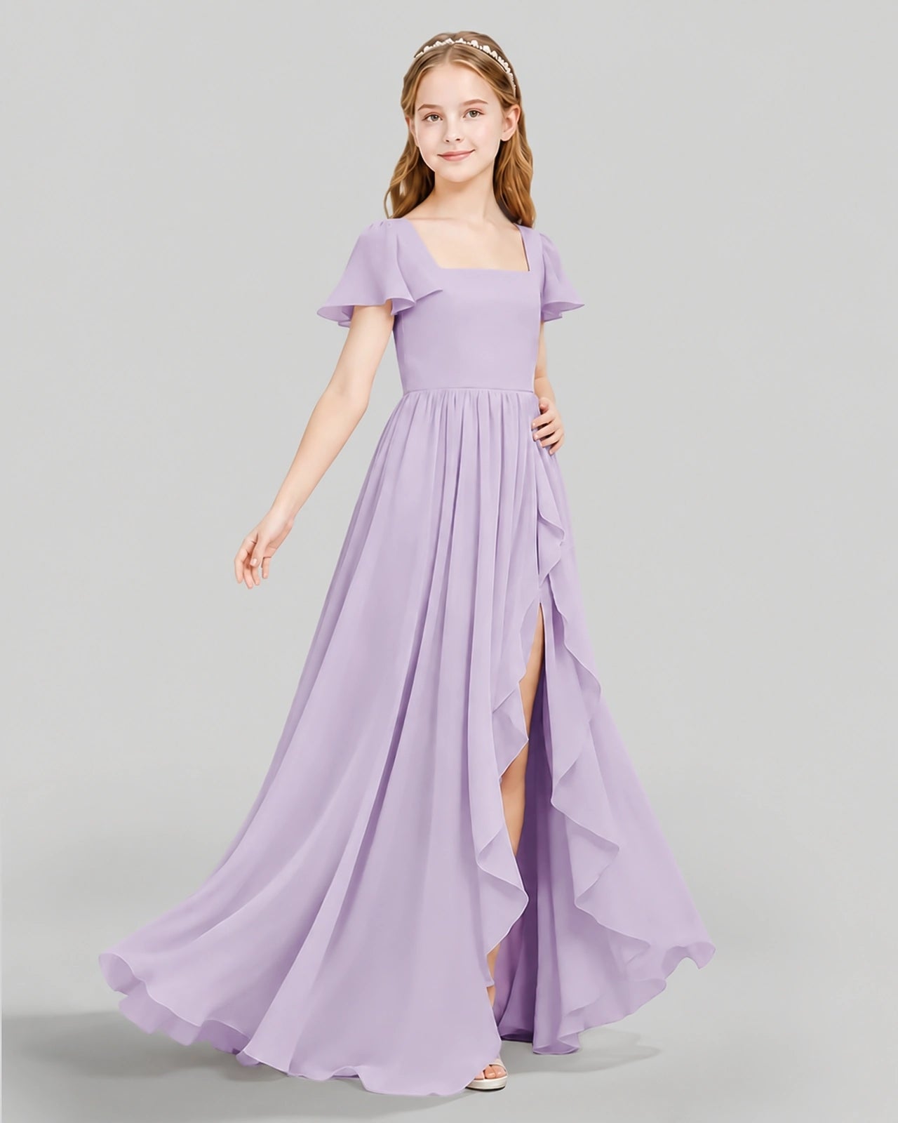 Dideyttawl Junior Bridesmaid Dress with Flutter Sleeves and Ruffle Split Chiffon Gown