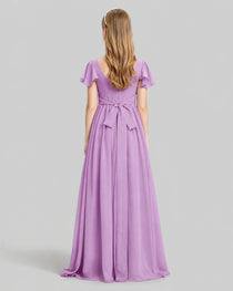 Dideyttawl Junior Bridesmaid Dress with Flutter Sleeves and Ruffle Split Chiffon Gown