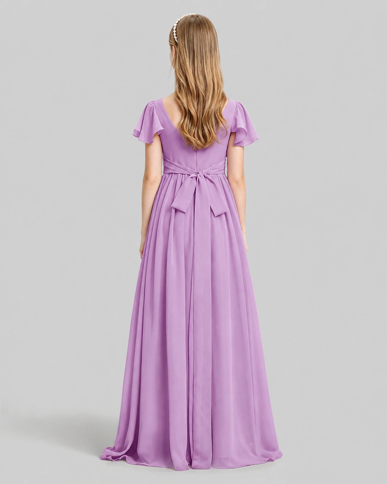 Dideyttawl Junior Bridesmaid Dress with Flutter Sleeves and Ruffle Split Chiffon Gown