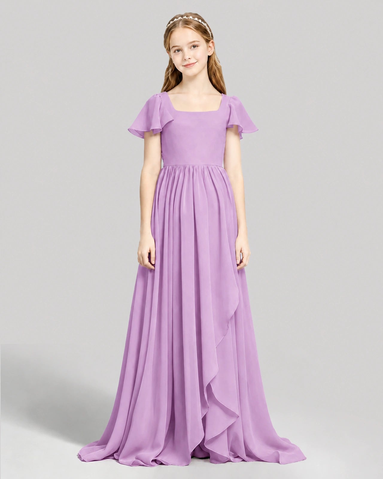 Dideyttawl Junior Bridesmaid Dress with Flutter Sleeves and Ruffle Split Chiffon Gown